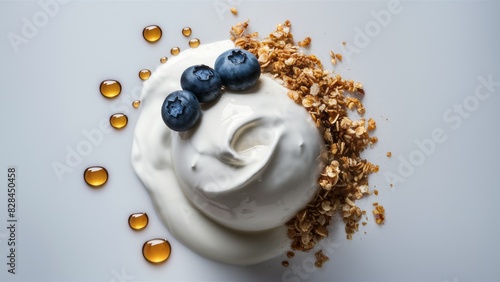 An advertising photo depicting snow-white yogurt  exquisitely decorated with honey droplets  sprinkled with granola and blueberries.