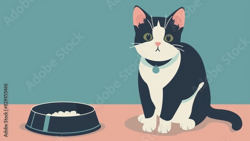 A cute cat sits next to a food bowl, digital illustration