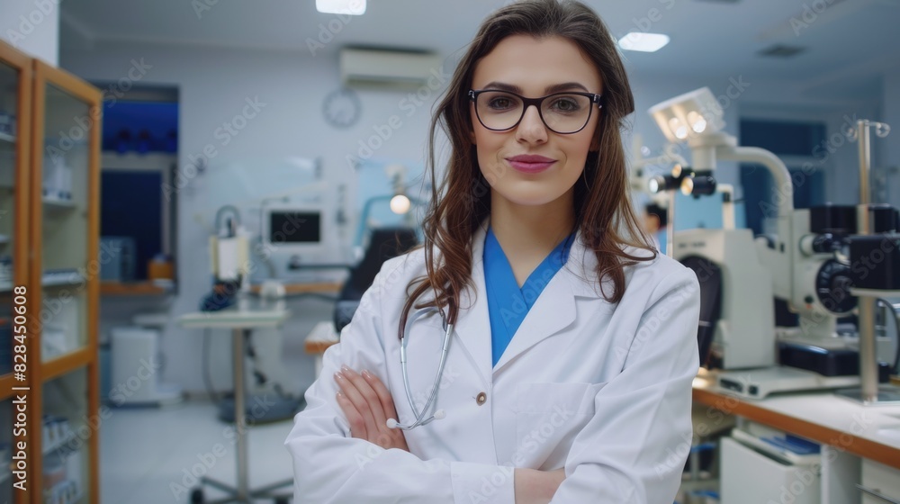 A woman in a lab coat standing in front of a microscope. Suitable for scientific and educational projects A woman in a lab coat standing in front of a microscope. Suitable for scientific and educational projects