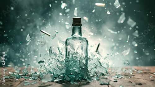 A glass bottle shatters dramatically, sending shards flying in all directions on a wooden surface with a smoky backdrop.