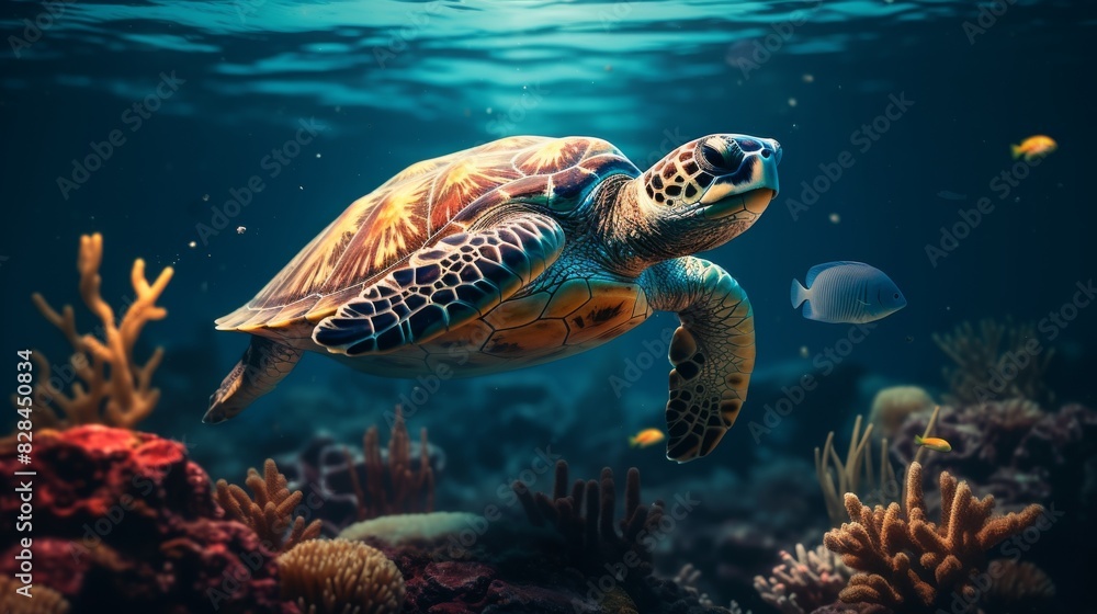 Majestic Sea Turtle Gliding Through Ocean Waters Amidst Coral Reefs. Generative AI