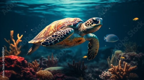 Majestic Sea Turtle Gliding Through Ocean Waters Amidst Coral Reefs. Generative AI © Svetlana