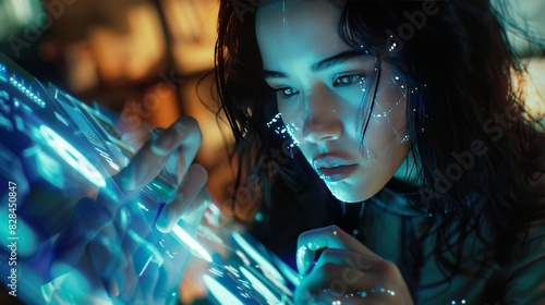 A hyper-realistic detailed photo of a woman using a hologram touch computer, editorial photography style, wideshot  photo
