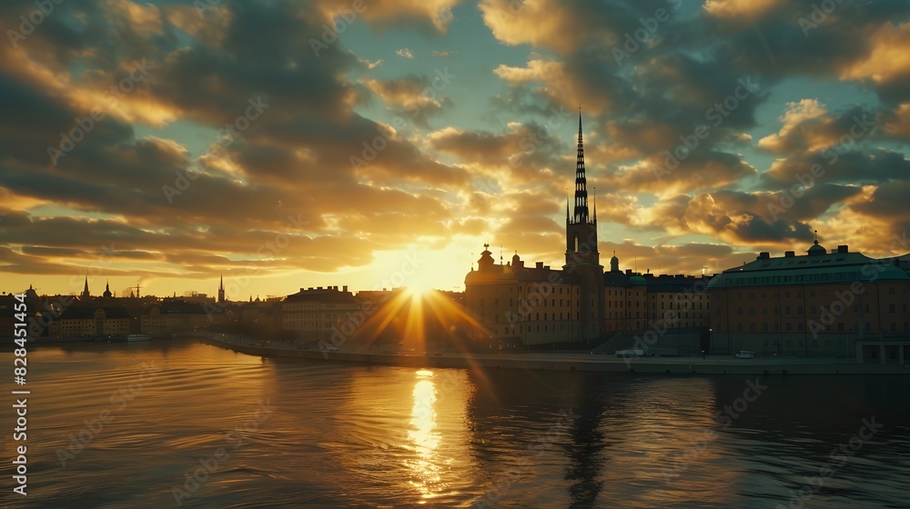 Sunset over Riddarholmen church in old town Stockholm city, Swed
