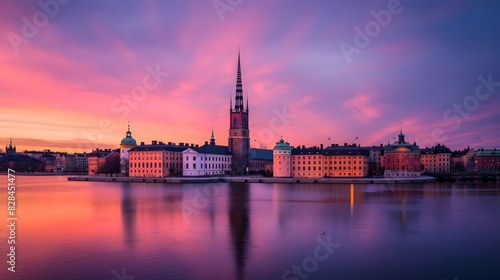 Sunset over Riddarholmen church in old town Stockholm city  Swed 