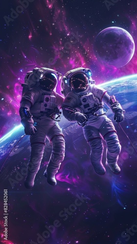 2 astronauts floating in space hand in hand with purple black and blue smoke around them with planet earth in the background cyberpunk 