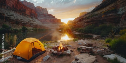 Camping by River at Sunset in Canyon. Bright yellow tent set up beside a campfire on the riverbank, with stunning canyon walls and a beautiful sunset in the background. Banner with copy space