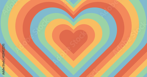 Retro abstract multicolored background. Wallpaper with tunnel heart in trendy 70s, 80s style. Rainbow romantic pattern.