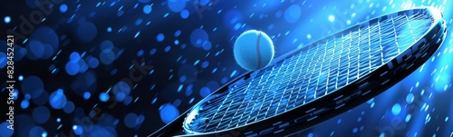 Tennis racket with two balls on it, sport background  photo