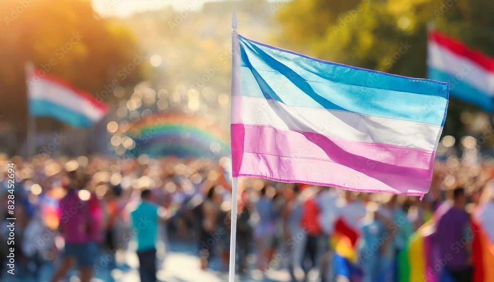 transgender flag on the background of the pride parade, lgbt pride month, fight against transphobia, tolerance transgender flag on the background of the pride parade, lgbt pride month, fight against transphobia, tolerance