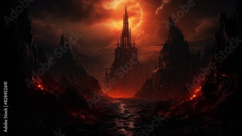 Apocalyptic Vision Of A Dark Fortress Amidst Lava Rivers Under A Crimson Sky. Generative AI © Svetlana