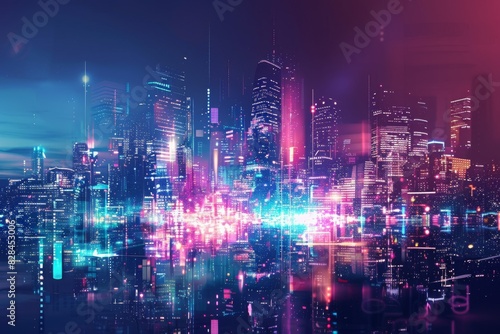 Panoramic urban architecture cityscape with space and neon light effects. Modern hi-tech science futuristic technology concept. Abstract digital high-tech city design for banner background 