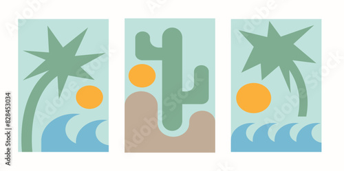 Set of retro geometric minimal beach landscape. Abstract beach and sun in vintage flat style for print. Pastel colors