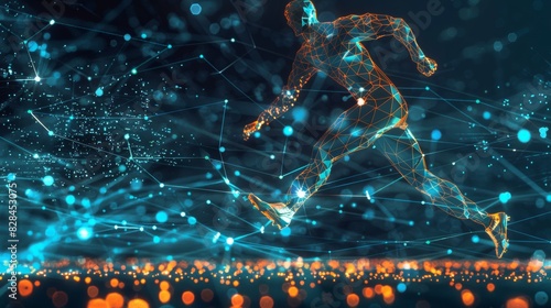 A digital illustration of a wireframe human figure running, surrounded by neon lights and network connections, symbolizing technology and speed.
