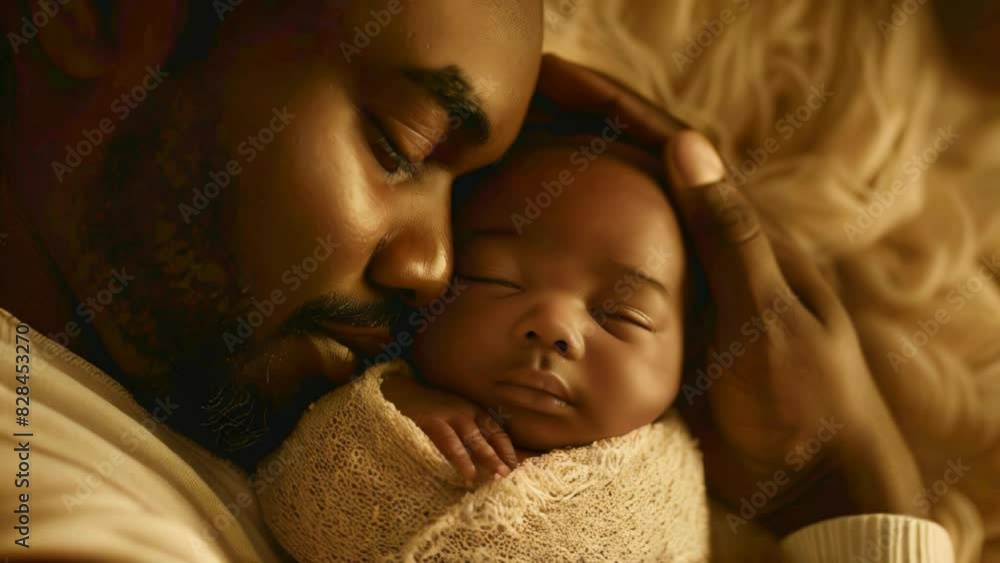African American Father gently cradling a sleeping newborn baby wrapped in a blanket. Golden orange yellow background. Father's day concept, Looped video African American Father gently cradling a sleeping newborn baby wrapped in a blanket. Golden orange yellow background. Father's day concept, Looped video
