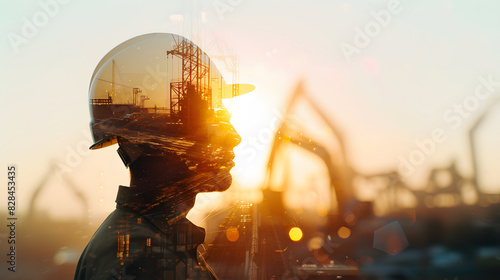 Silhouette of handsome engineer in safety helmet, Double exposure with road construction site and machinery