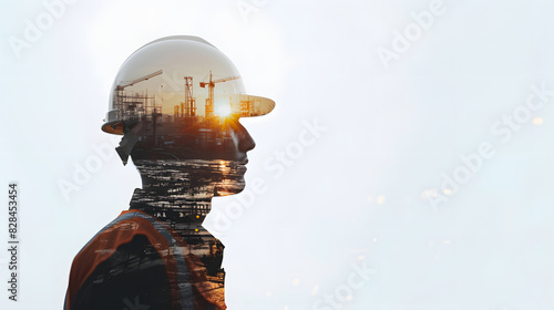 Double exposure of a handsome engineer in safety helmet back view with road construction site and machinery