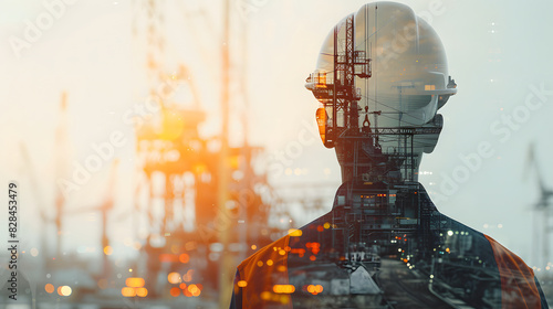 Double exposure of engineer in safety gear, helmet back view with road construction site