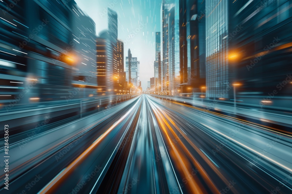 3D Rendering of highway in city. High speed motion blur. Concept of leading in business Hi tech products background artificial intelligence hyper loop virtual reality high speed network. 3D Rendering of highway in city. High speed motion blur. Concept of leading in business Hi tech products background artificial intelligence hyper loop virtual reality high speed network.