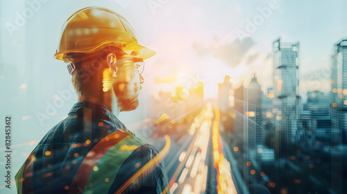 Double exposure of a male engineer in safety gear, helmet back view with road construction