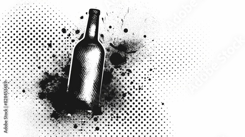 A bottle of wine is on a white background with a black background. The bottle is half empty and has a few drops of wine on it. The image has a vintage and artistic feel to it