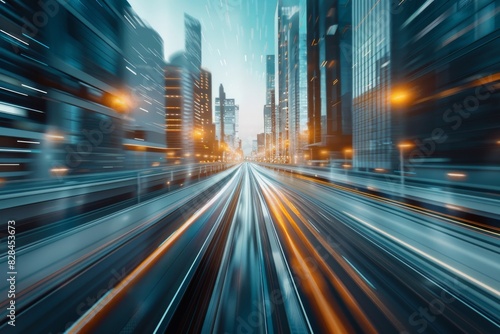 3D Rendering of highway in city. High speed motion blur. Concept of leading in business Hi tech products background artificial intelligence hyper loop virtual reality high speed network. 