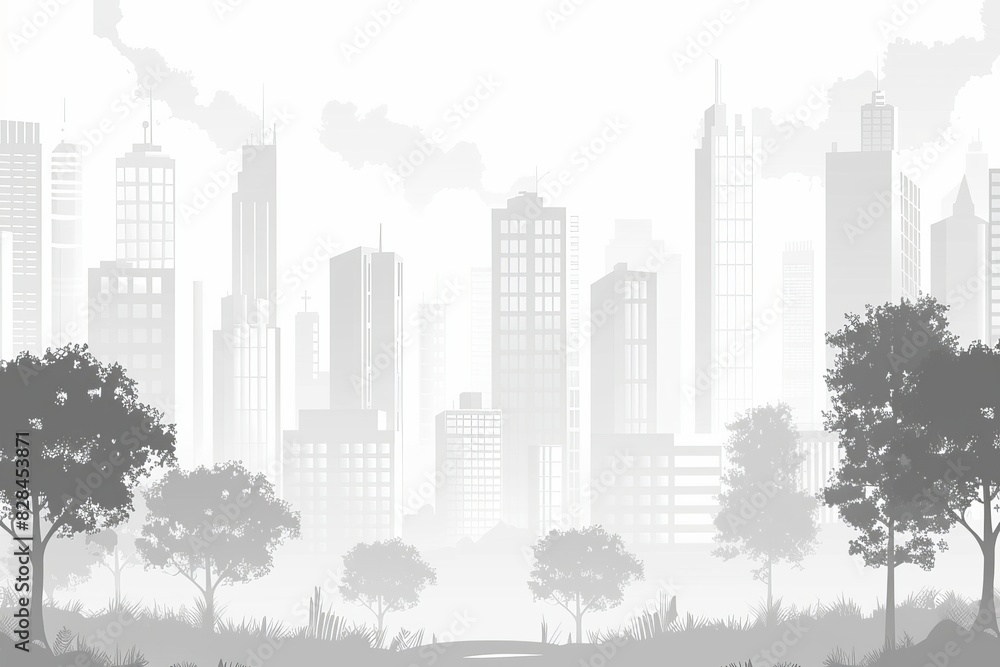 Light gray cityscape background. City buildings with trees at park view. Monochrome urban landscape with street. Modern architectural panorama in flat style. Vector illustration horizontal wallpaper 