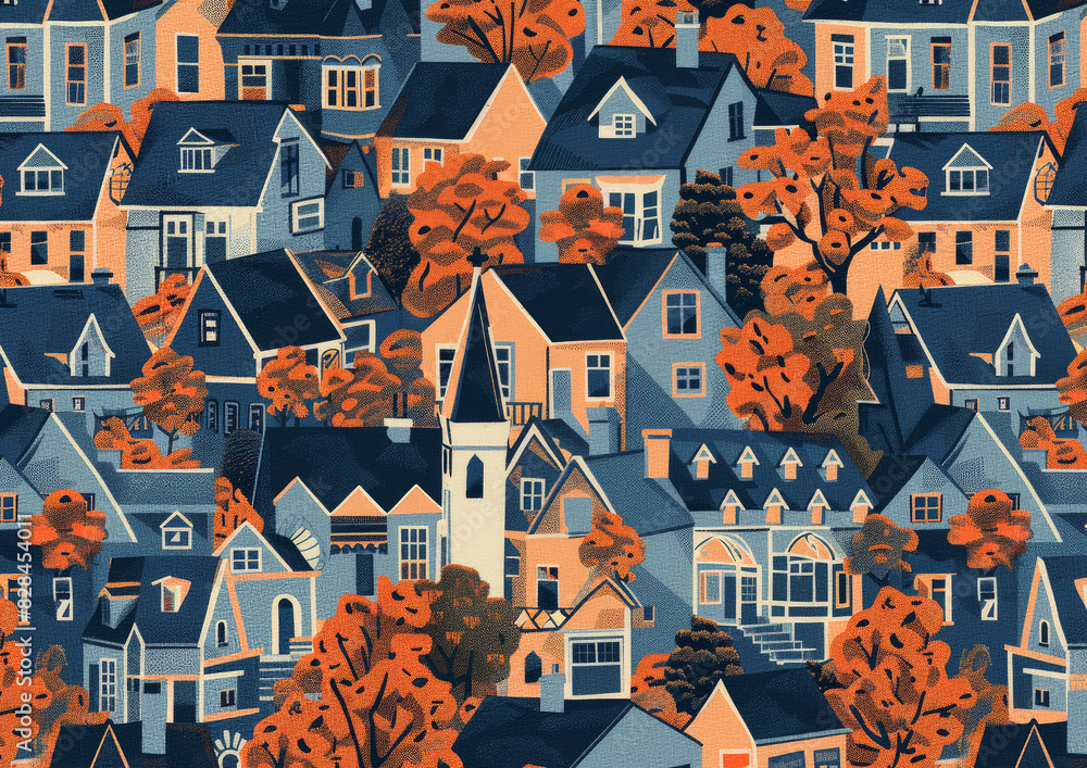 flat color mansion and house in urban landscape town seamless pattern background wallpaper, vibrant color in nightfall and night flat color mansion and house in urban landscape town seamless pattern background wallpaper, vibrant color in nightfall and night