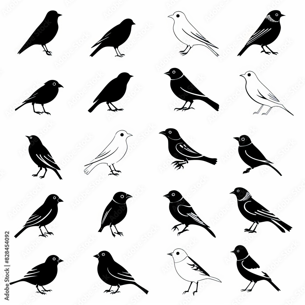 Bird icon set, black and white sparrow symbols, bird sign collection, wild animal pictograms on white Bird icon set, black and white sparrow symbols, bird sign collection, wild animal pictograms on white