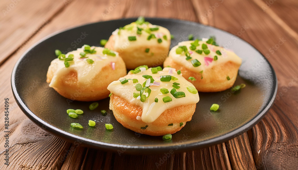 Homemade potato donuts with melting cheese and chives. Delicious food. Dish for dinner. Homemade potato donuts with melting cheese and chives. Delicious food. Dish for dinner.