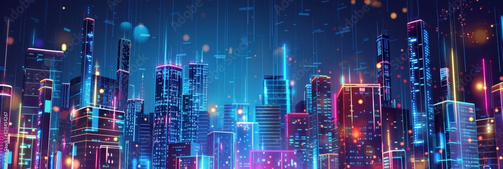 Vector illustration urban architecture, cityscape with space and neon light effect. Modern hi-tech, science, futuristic technology concept. Abstract digital high tech city design for banner background Vector illustration urban architecture, cityscape with space and neon light effect. Modern hi-tech, science, futuristic technology concept. Abstract digital high tech city design for banner background