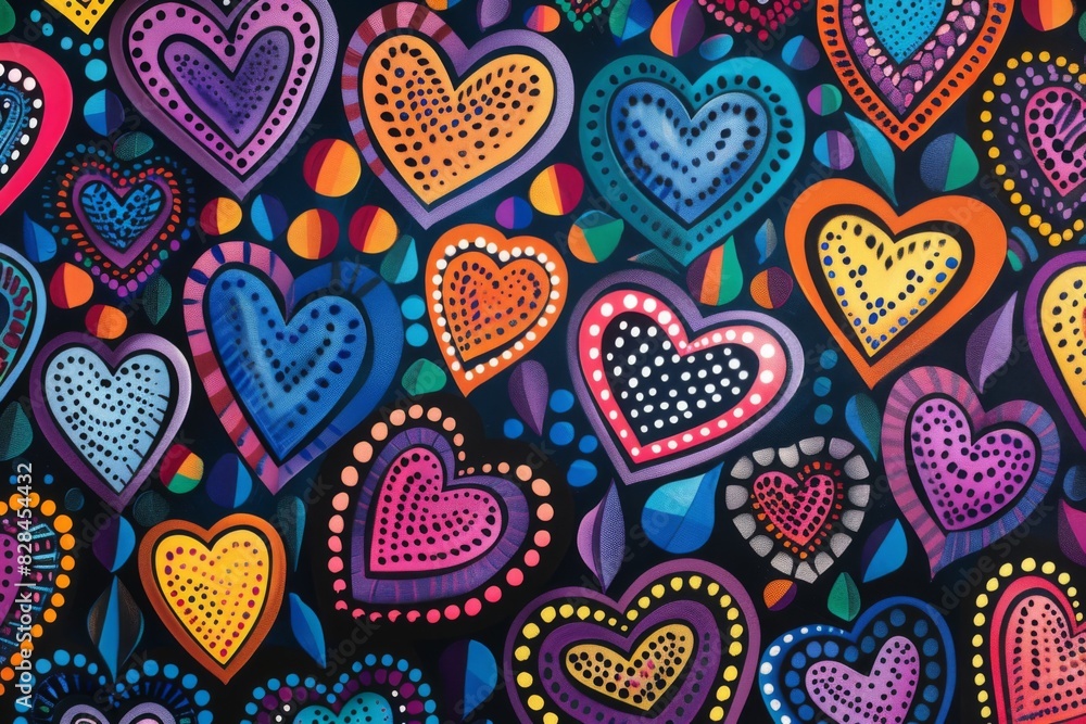 Fototapeta premium Brightly colored hearts are painted on a black background, love background 