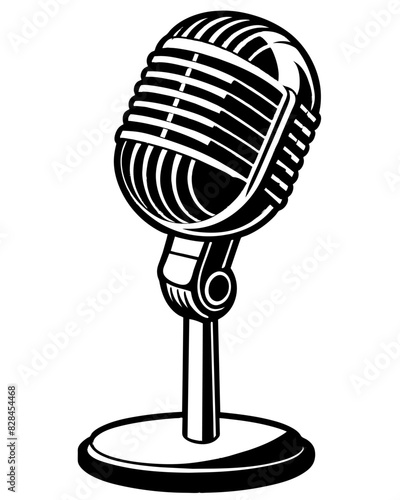 A black and white illustration of a microphone on a stand