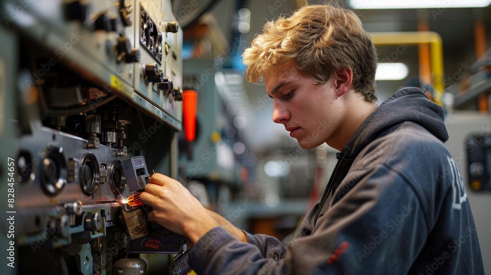 A production staff member, operating a welding machine, joining metal parts together with precision and skill. A production staff member, operating a welding machine, joining metal parts together with precision and skill.