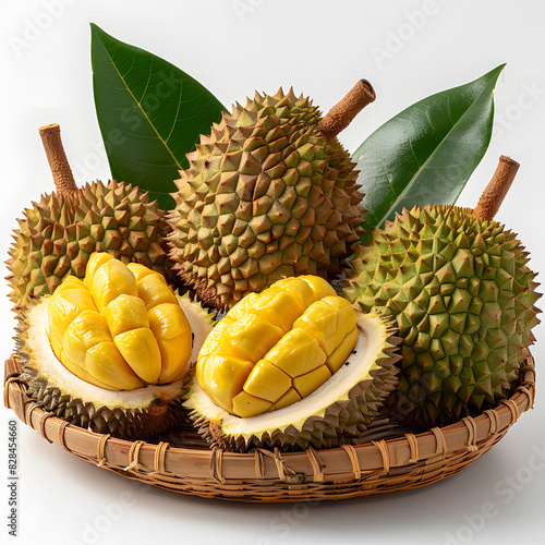 Durian fruit on white background with toothpick and banana in basket. Ai Generated