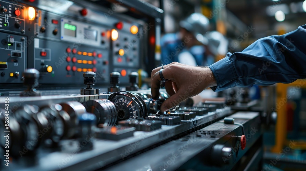 A technician calibrating a piece of equipment on a production line, with digital readouts and controls visible, demonstrating quality control in a factory setting. A technician calibrating a piece of equipment on a production line, with digital readouts and controls visible, demonstrating quality control in a factory setting.