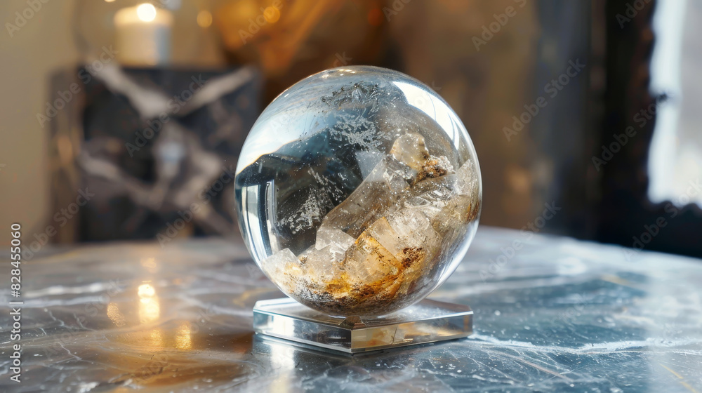 A clear glass ball with a gold and white design sits on a table A clear glass ball with a gold and white design sits on a table