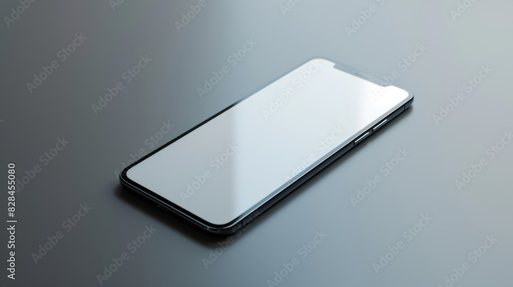 A black and white cell phone with a white screen sits on a grey surface A black and white cell phone with a white screen sits on a grey surface