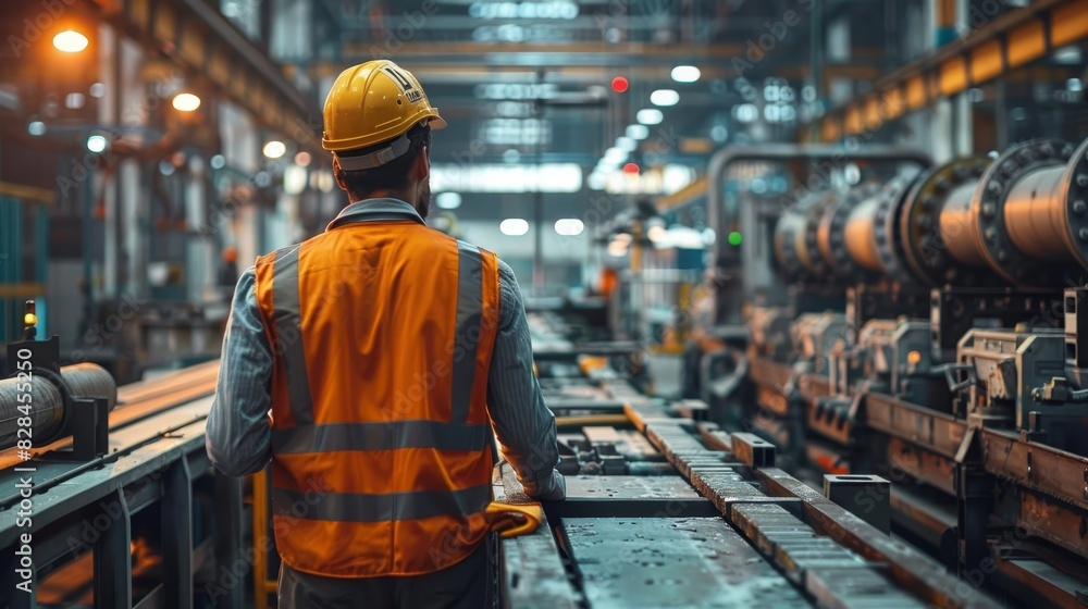 An engineer wearing a hard hat and safety vest inspecting machinery on the factory floor, checking for any signs of wear or damage. An engineer wearing a hard hat and safety vest inspecting machinery on the factory floor, checking for any signs of wear or damage.