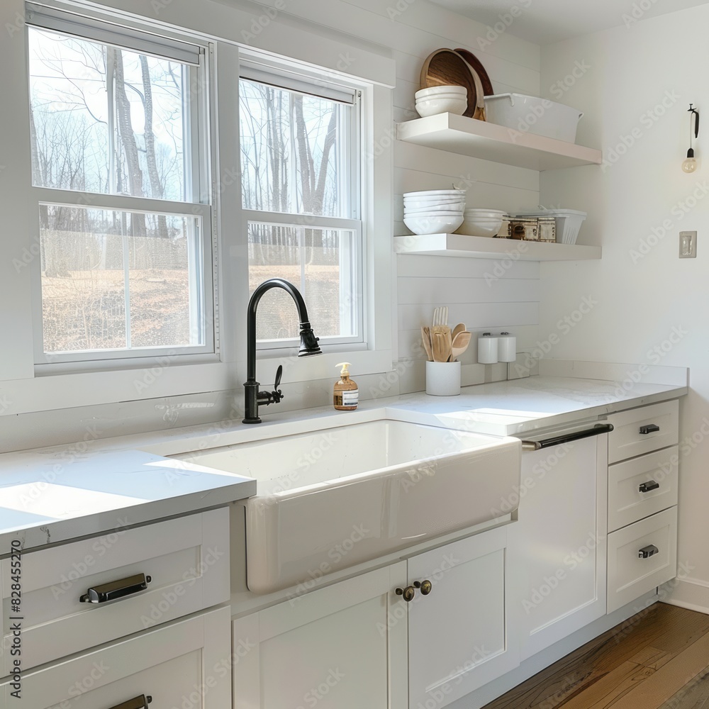 Fototapeta premium Elegant minimalist white kitchen featuring quartz countertops, a farmhouse sink, and open shelving