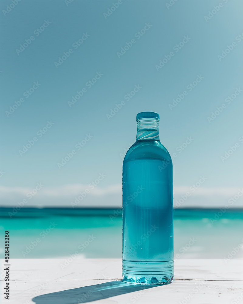 Blue bottle on a white surface against a seaside backdrop. Blue bottle on a white surface against a seaside backdrop.