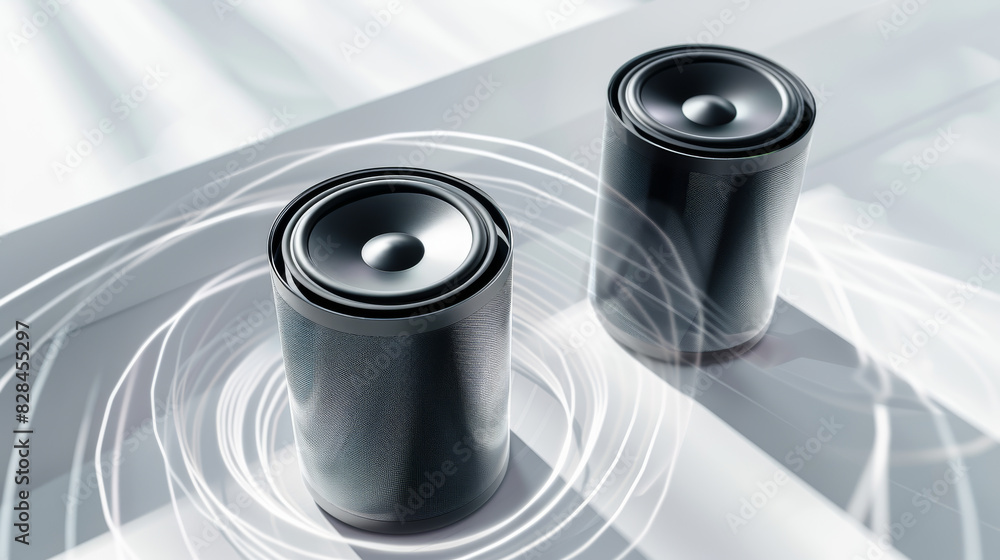 Two speakers are on a white surface, one of which is a small speaker Two speakers are on a white surface, one of which is a small speaker