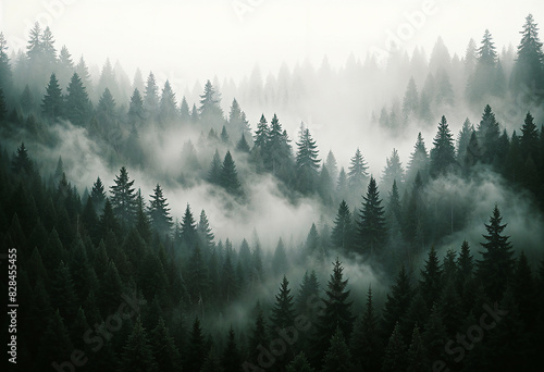 Misty foggy mountain landscape forest in vintage hipster style