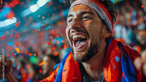 Man Wearing Red and Blue Scarf