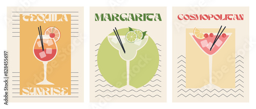 Poster drink set. Cocktail arts. Retro posters with alcohol cocktails. Tequila Sunrise. Margarita. Cosmopolitan. 90s 80s 70s groovy posters. Modern trendy print. Drink with fruit and ice.