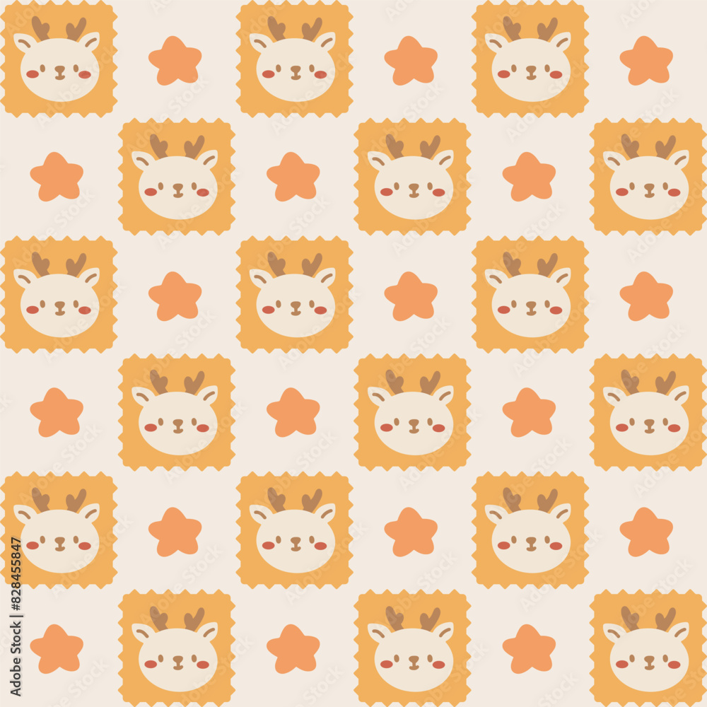 Cute Kawaii Deer and Star Pattern with Yellow Background. Adorable vector pattern featuring kawaii style deer faces and stars on a yellow and orange background. Cute Kawaii Deer and Star Pattern with Yellow Background. Adorable vector pattern featuring kawaii style deer faces and stars on a yellow and orange background.