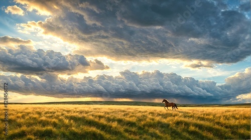 A horse running across a field under a cloudy sky. Grass. Clouds. 
