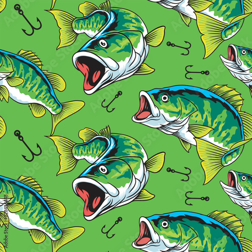 large mouth green color bass tuna fish and bait cartoon seamless pattern in vector illustration design