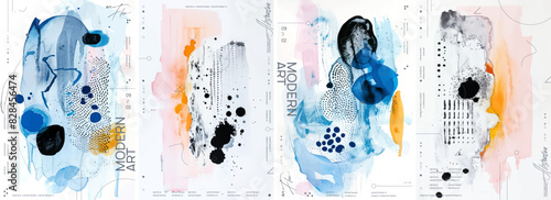 A series of abstract watercolor illustrations with organic shapes and fluid lines. The designs include elements like dots, patterns, splashes, and brush strokes.