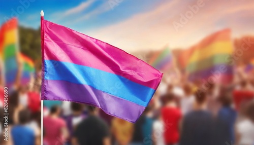 bisexual flag on the background of the pride parade, lgbt pride month, fight against homophobia, tolerance, rally of many people